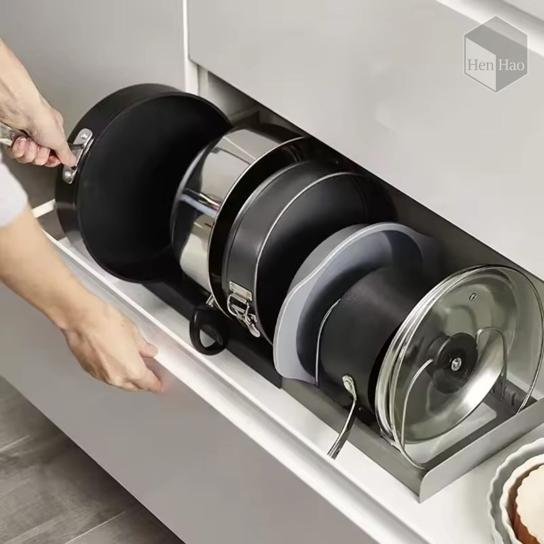 Organizador ajustable para ollas, tapas y sartenes