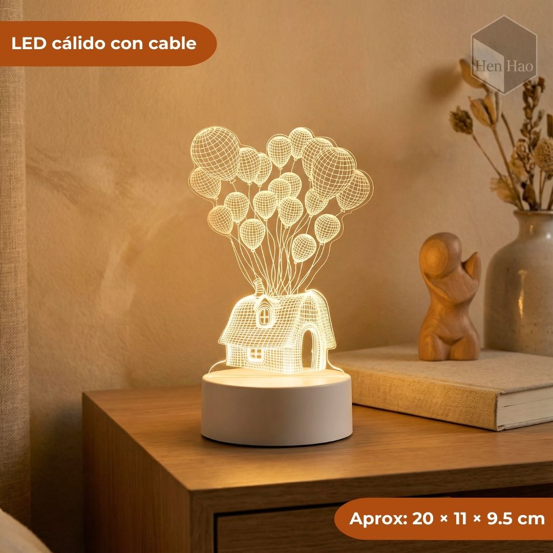 Lámpara nocturna 3D LED cálida con diseño de casa y globos