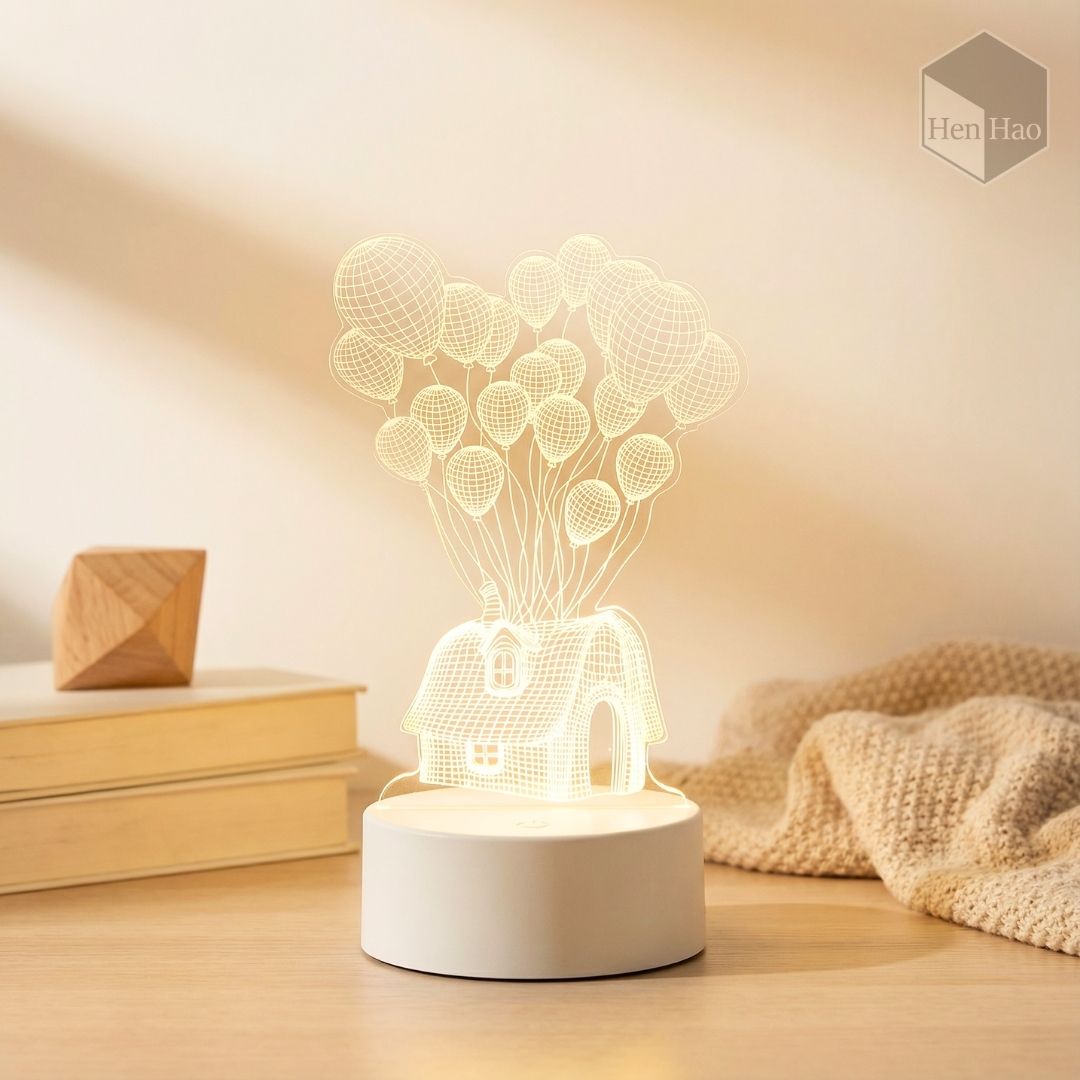 Lámpara nocturna 3D LED cálida con diseño de casa y globos