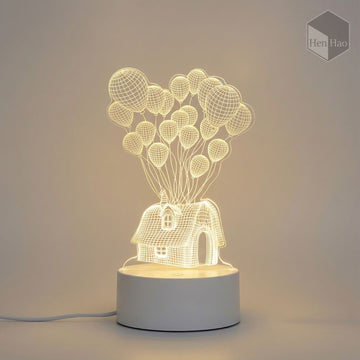Lámpara nocturna 3D LED cálida con diseño de casa y globos