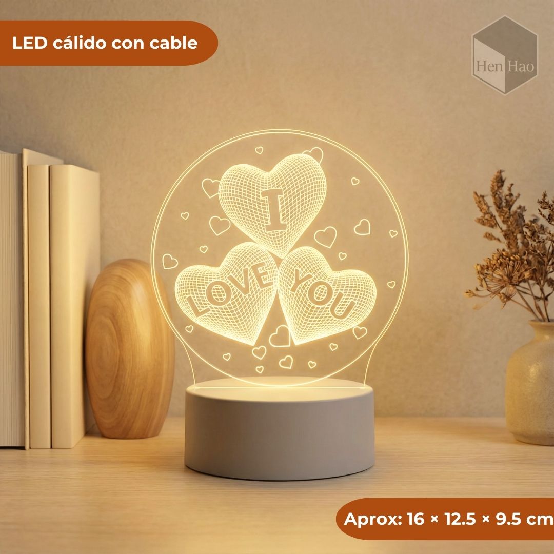 Lámpara nocturna 3D LED cálida con diseño de corazones