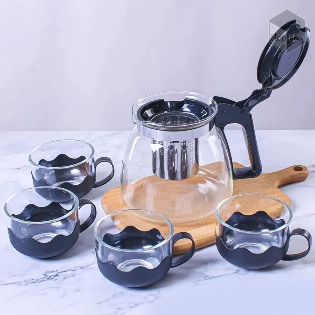 Juego de tetera y tazas de vidrio