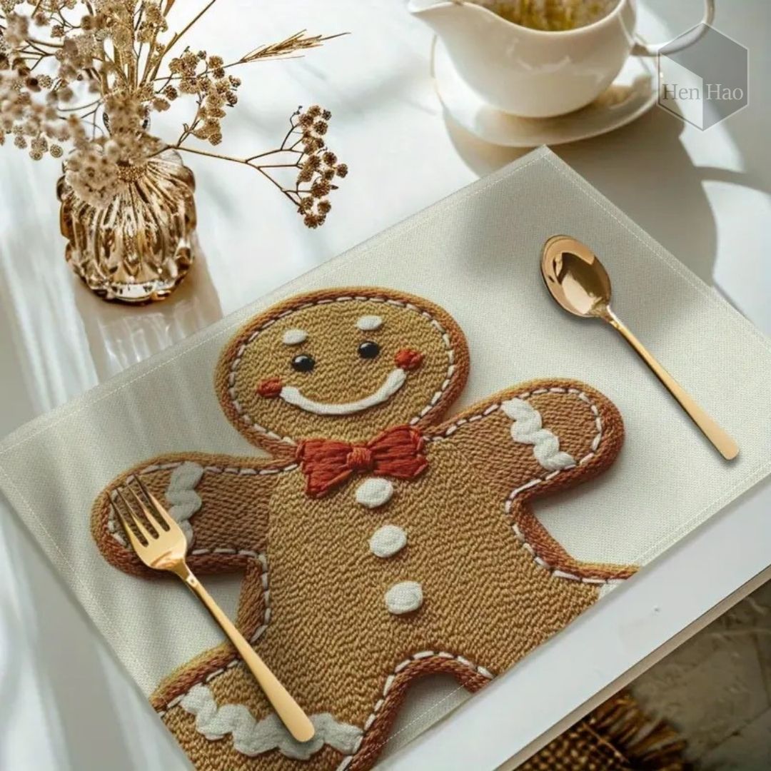 Set de 4 manteles navideños con diseño de galleta de jengibre