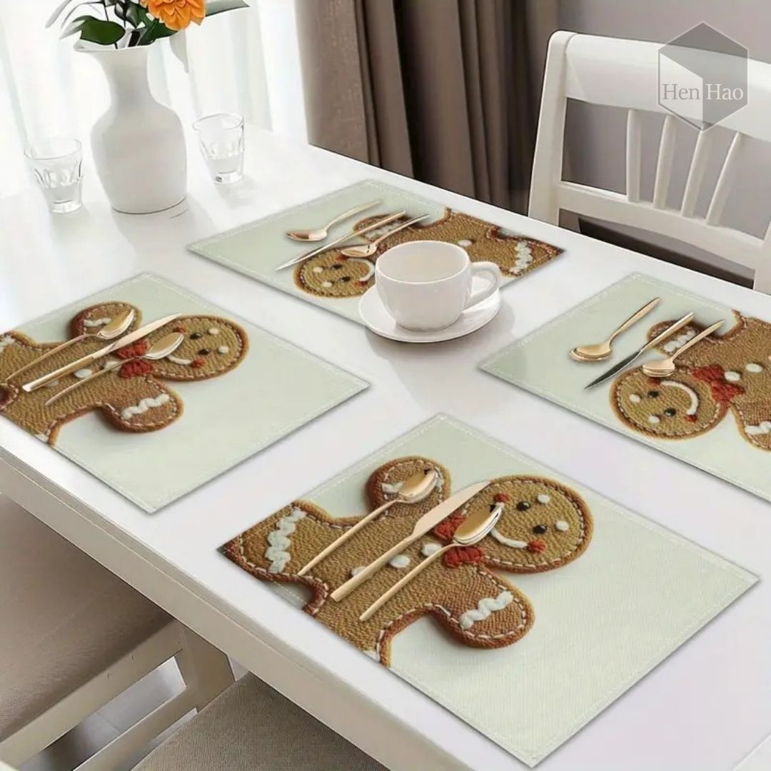 Set de 4 manteles navideños con diseño de galleta de jengibre