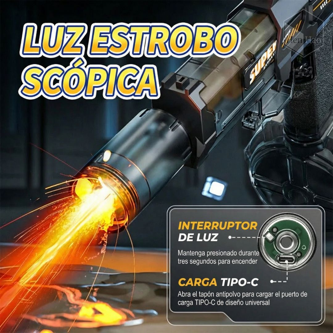 Pistola de agua eléctrica con luz LED y batería recargable
