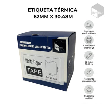 Cinta de papel blanco térmico continuo 62 mm × 30.48 m DK-22205