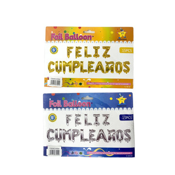 Set de globos metálicos “Feliz Cumpleaños” 15 piezas
