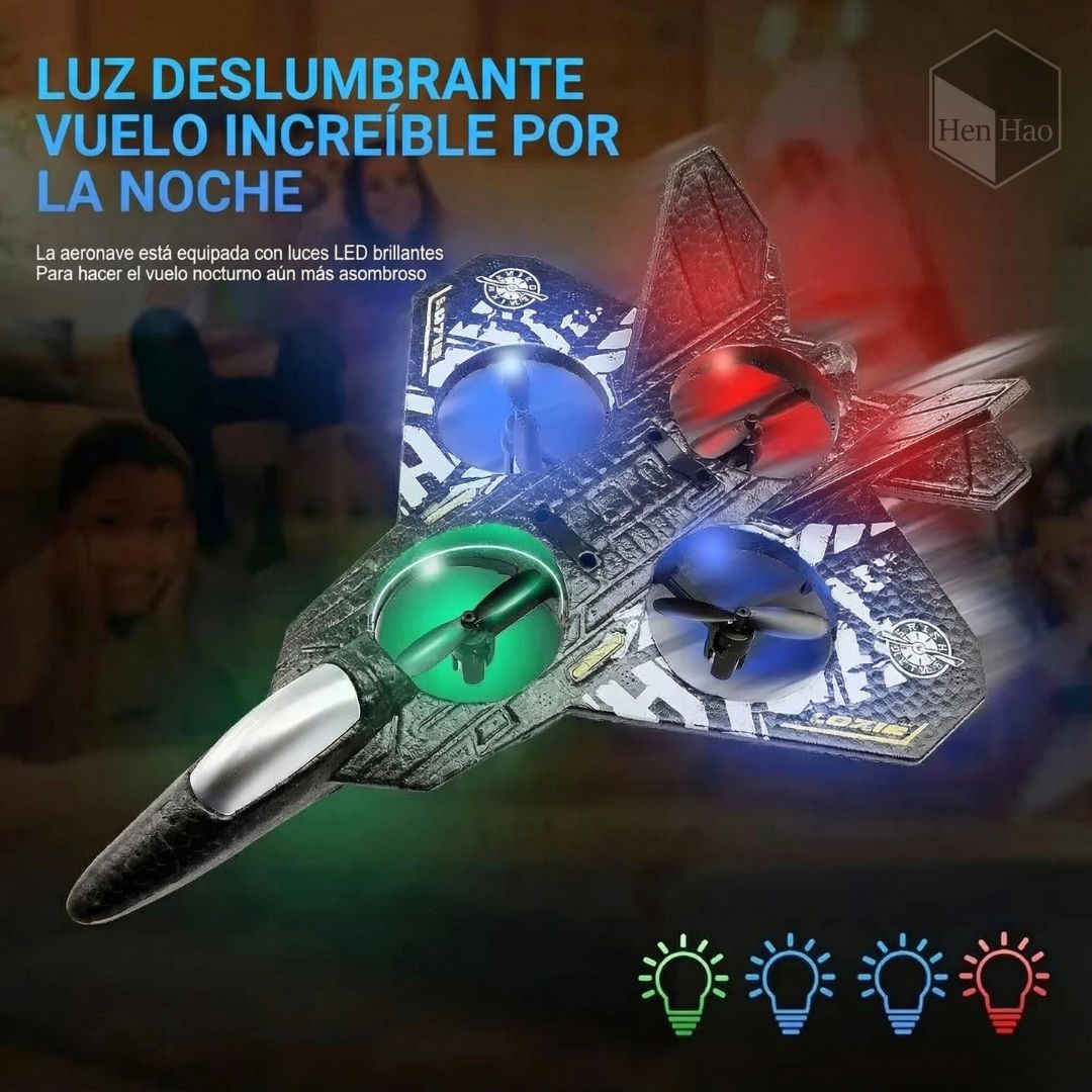 Jet volador a control remoto con 4 hélices, luces LED y giros 360°