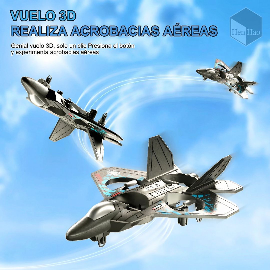 Jet volador a control remoto con 4 hélices, luces LED y giros 360°
