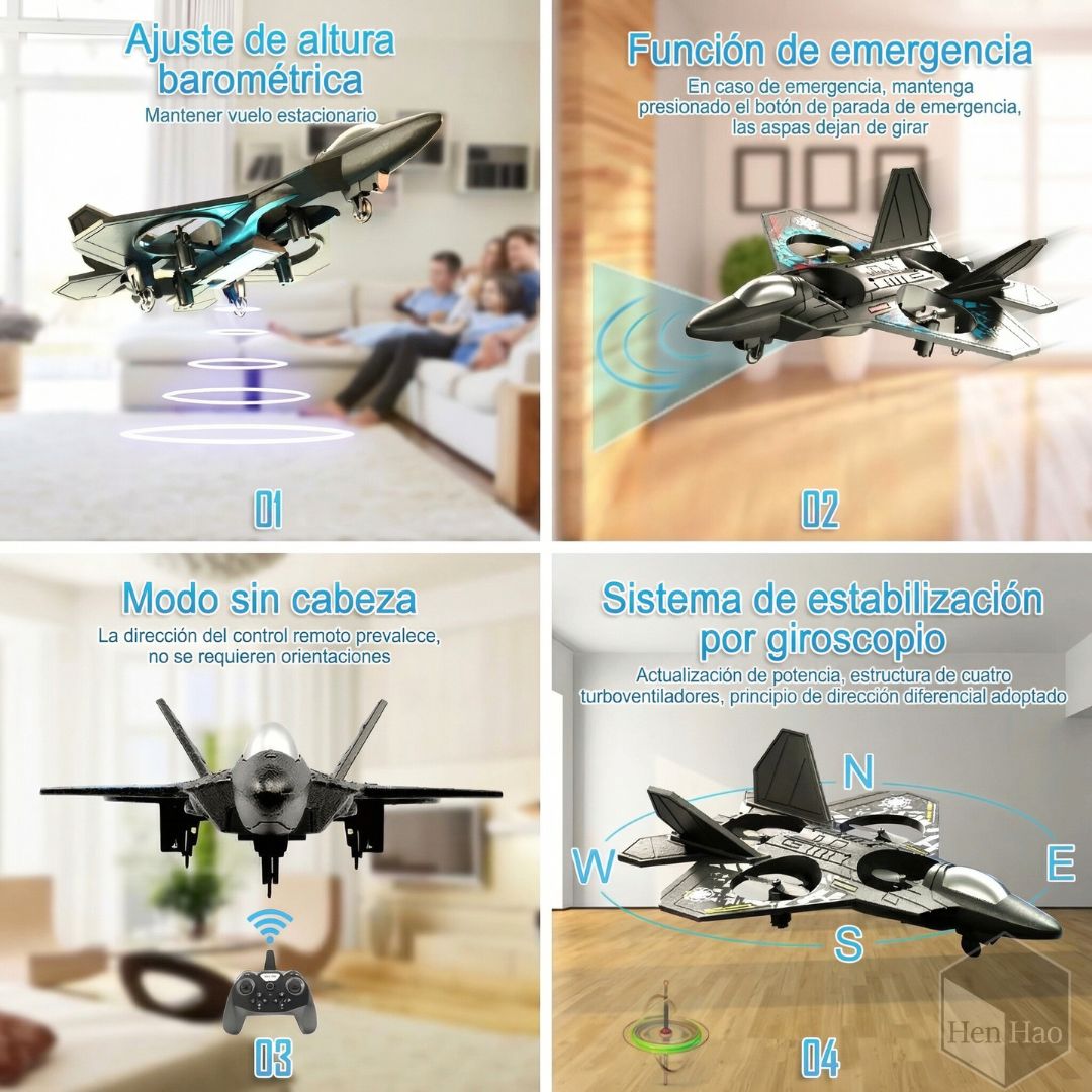 Jet volador a control remoto con 4 hélices, luces LED y giros 360°