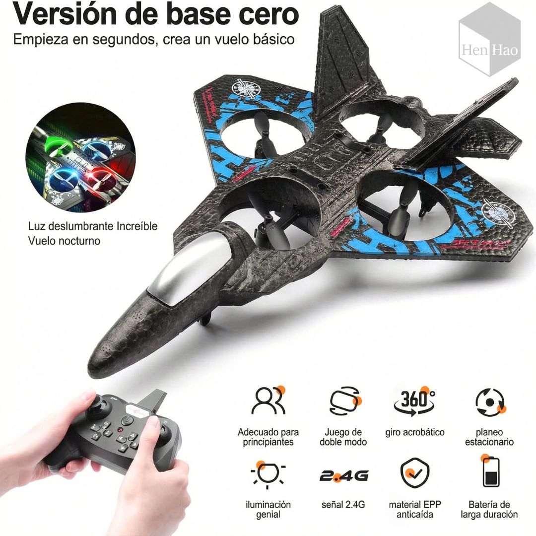 Jet volador a control remoto con 4 hélices, luces LED y giros 360°