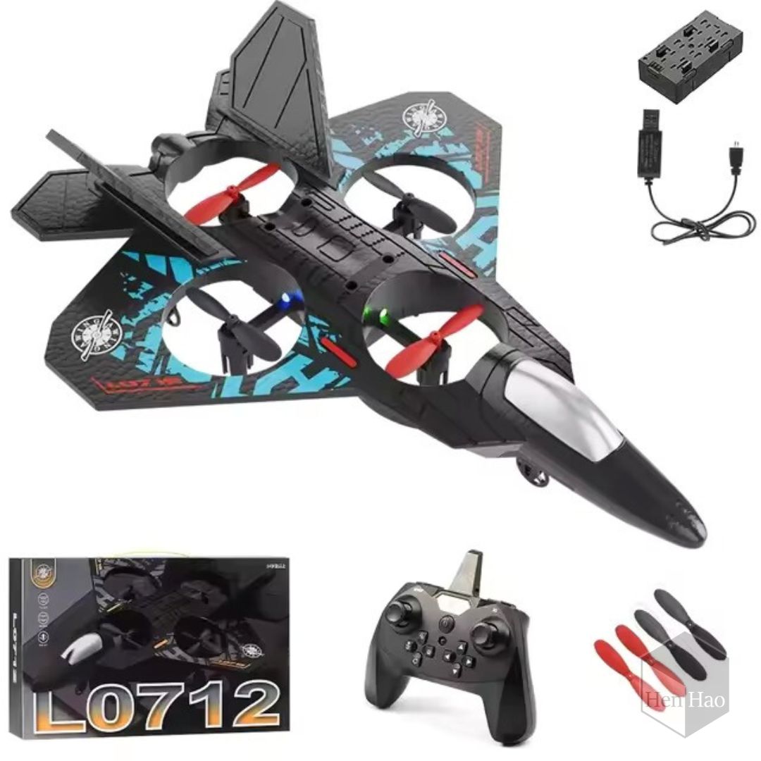 Jet volador a control remoto con 4 hélices, luces LED y giros 360°