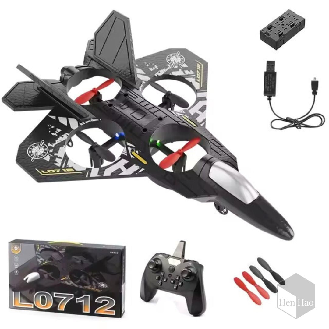 Jet volador a control remoto con 4 hélices, luces LED y giros 360°
