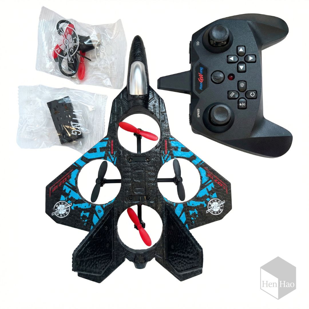 Jet volador a control remoto con 4 hélices, luces LED y giros 360°