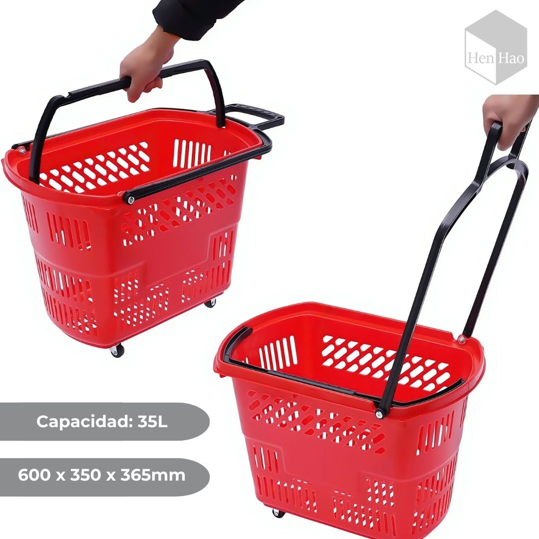 Cesta de compra plástica con ruedas y asa extensible 35L