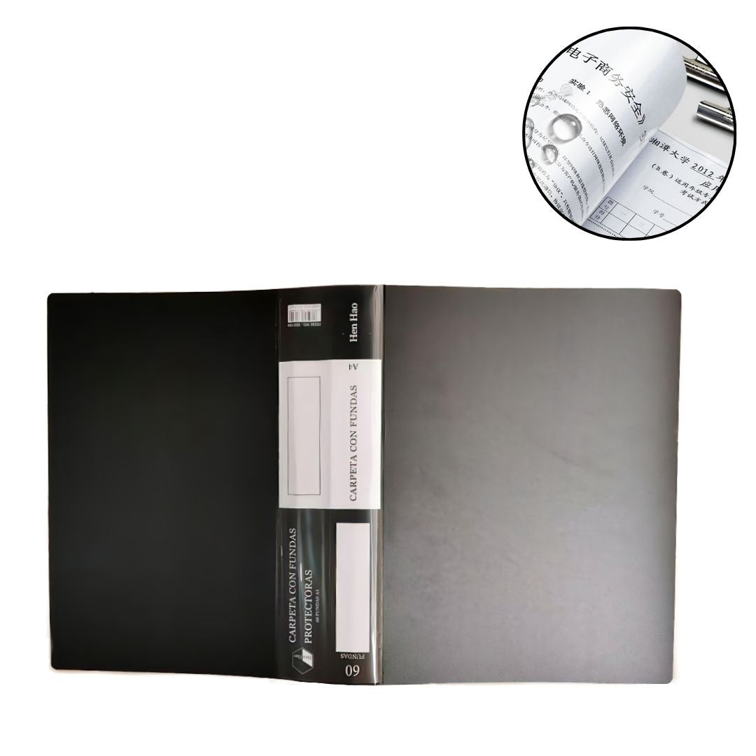 Carpeta con fundas protectoras A4 de polipropileno resistente con 60 hojas internas para organización de documentos en oficina, escuela y hogar