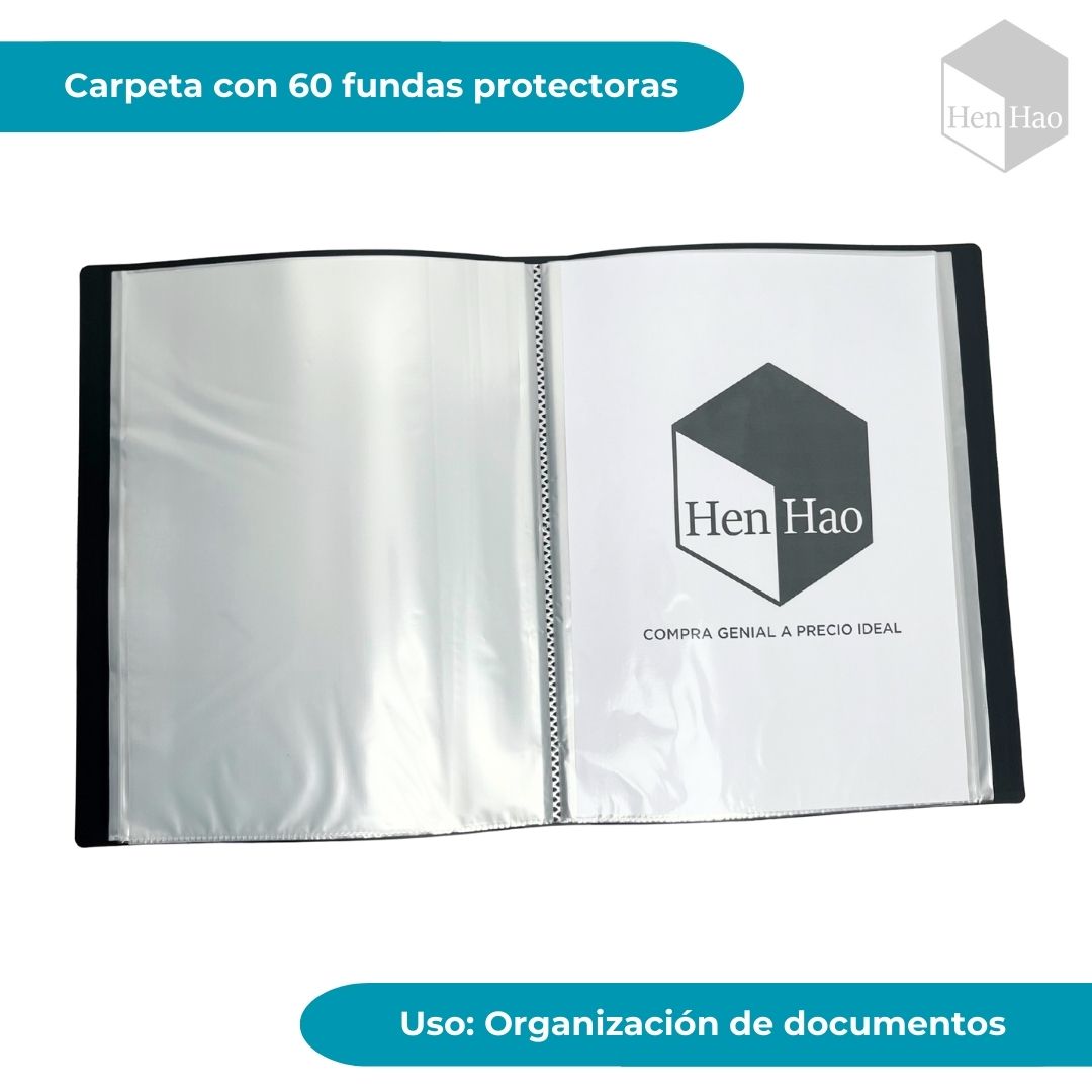 Carpeta con fundas protectoras A4 de polipropileno resistente con 60 hojas internas para organización de documentos en oficina, escuela y hogar