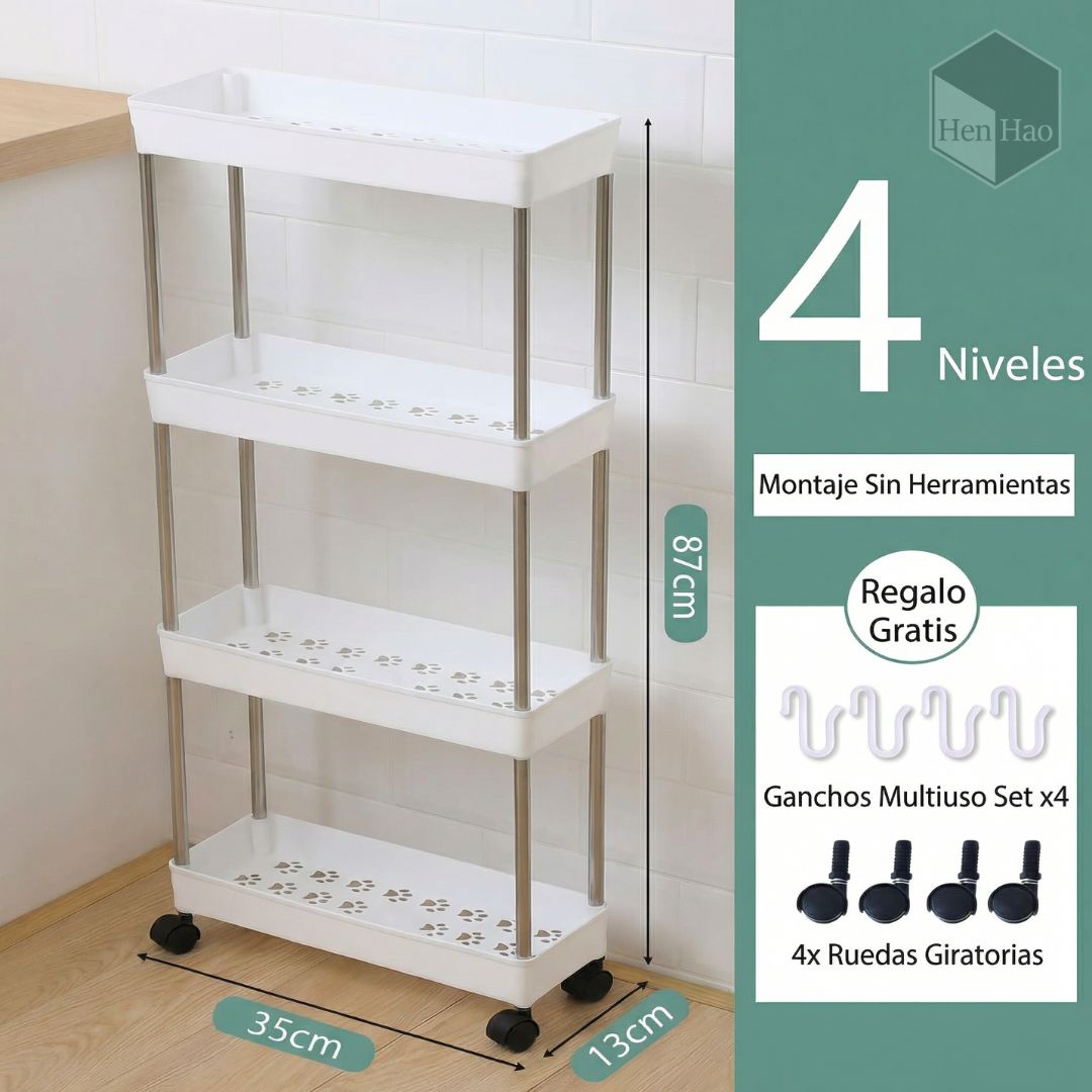 Estante estrecho organizador de 4 niveles con ruedas