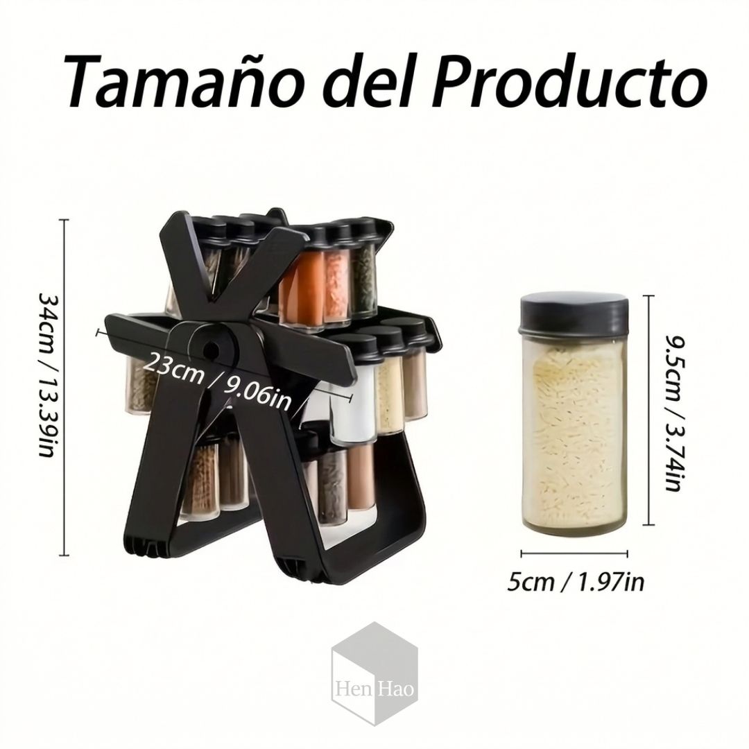 Estante giratorio organizador de especias con frascos de vidrio