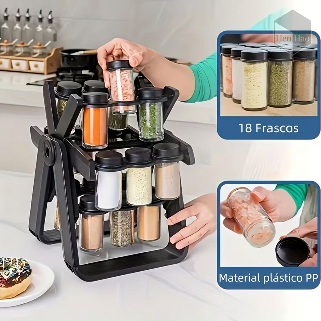 Estante giratorio organizador de especias con frascos de vidrio