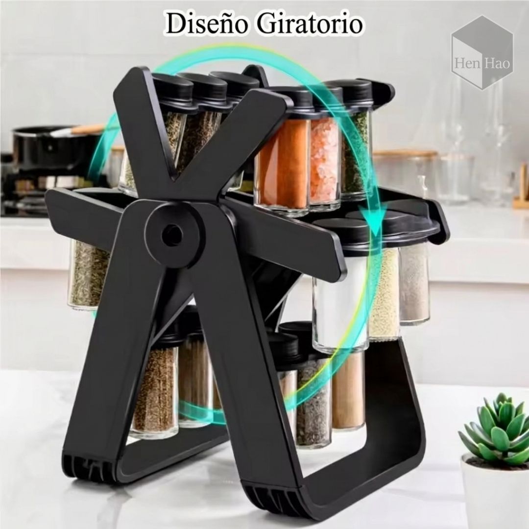 Estante giratorio organizador de especias con frascos de vidrio