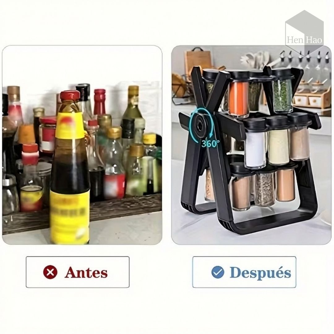 Estante giratorio organizador de especias con frascos de vidrio