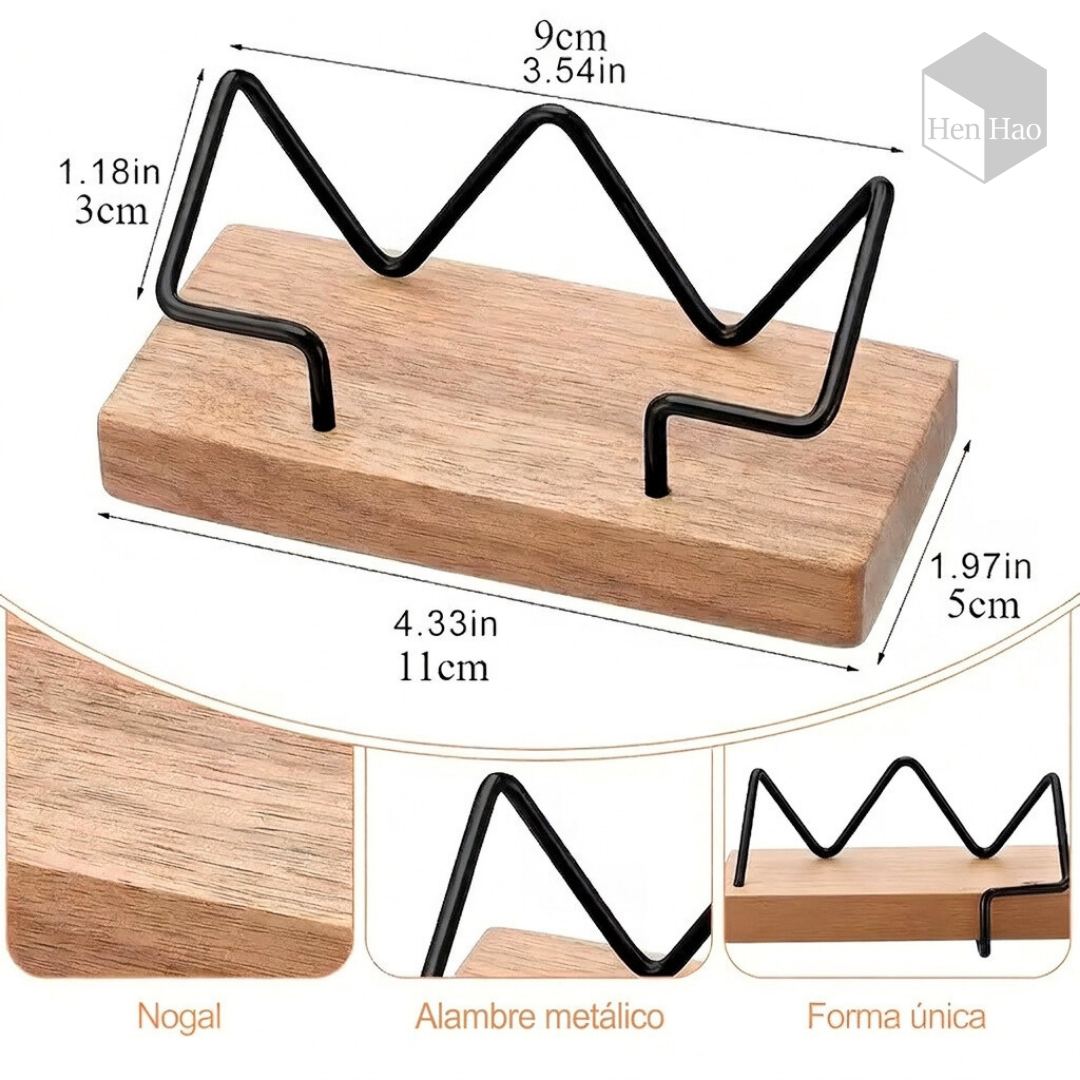 Tarjetero de madera con soporte metálico