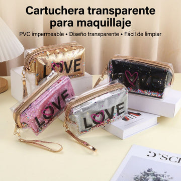 Neceser PVC transparente con glitter LOVE