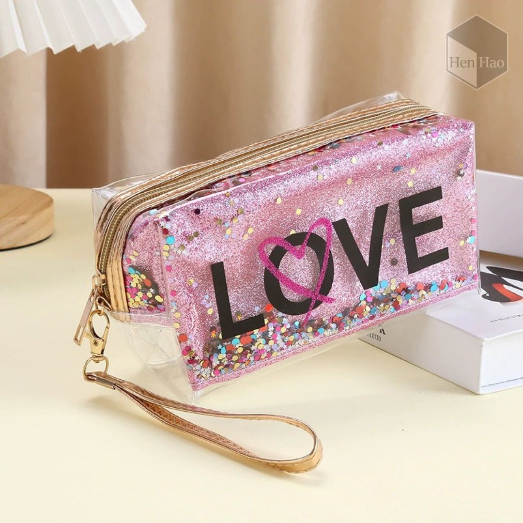 Neceser PVC transparente con glitter LOVE