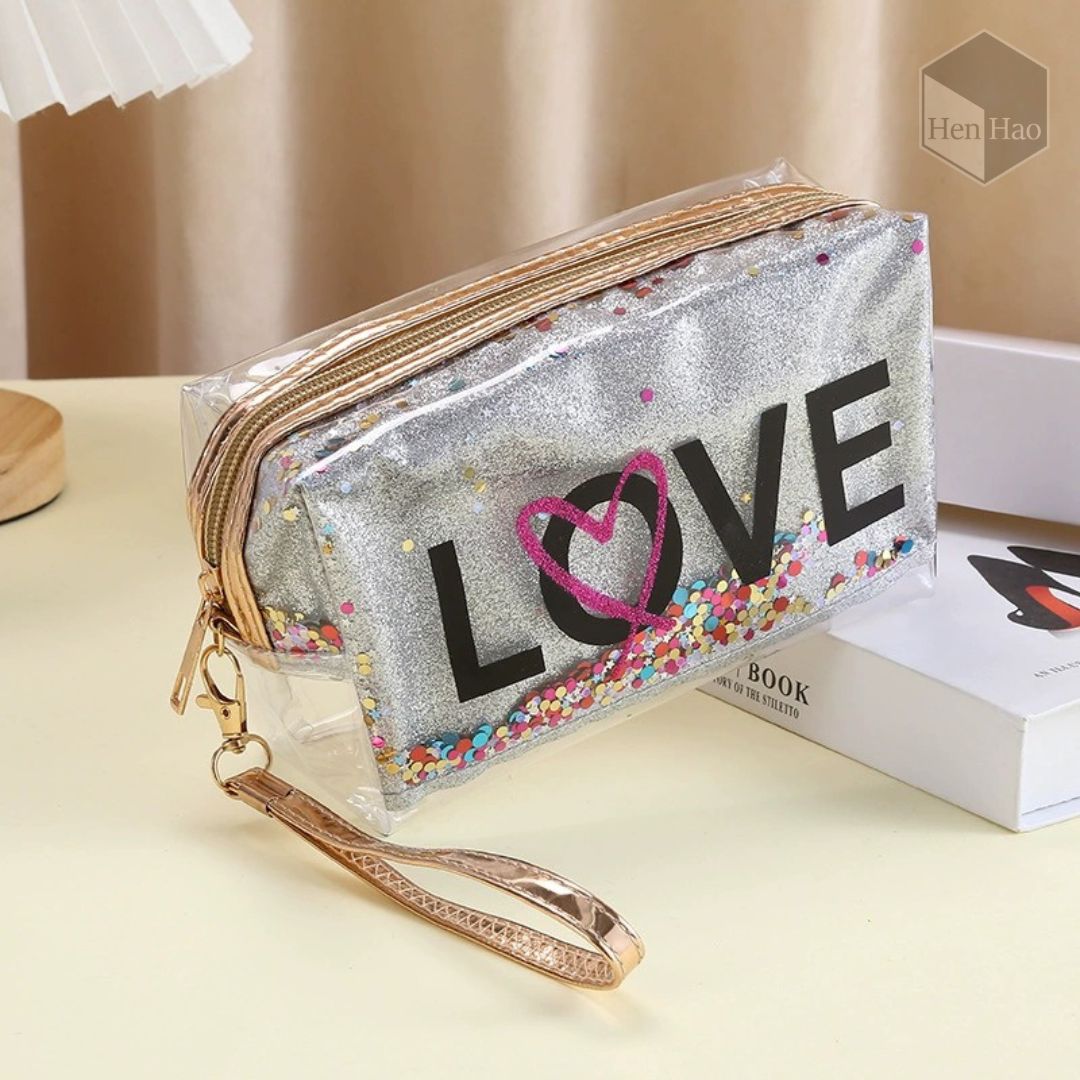 Neceser PVC transparente con glitter LOVE