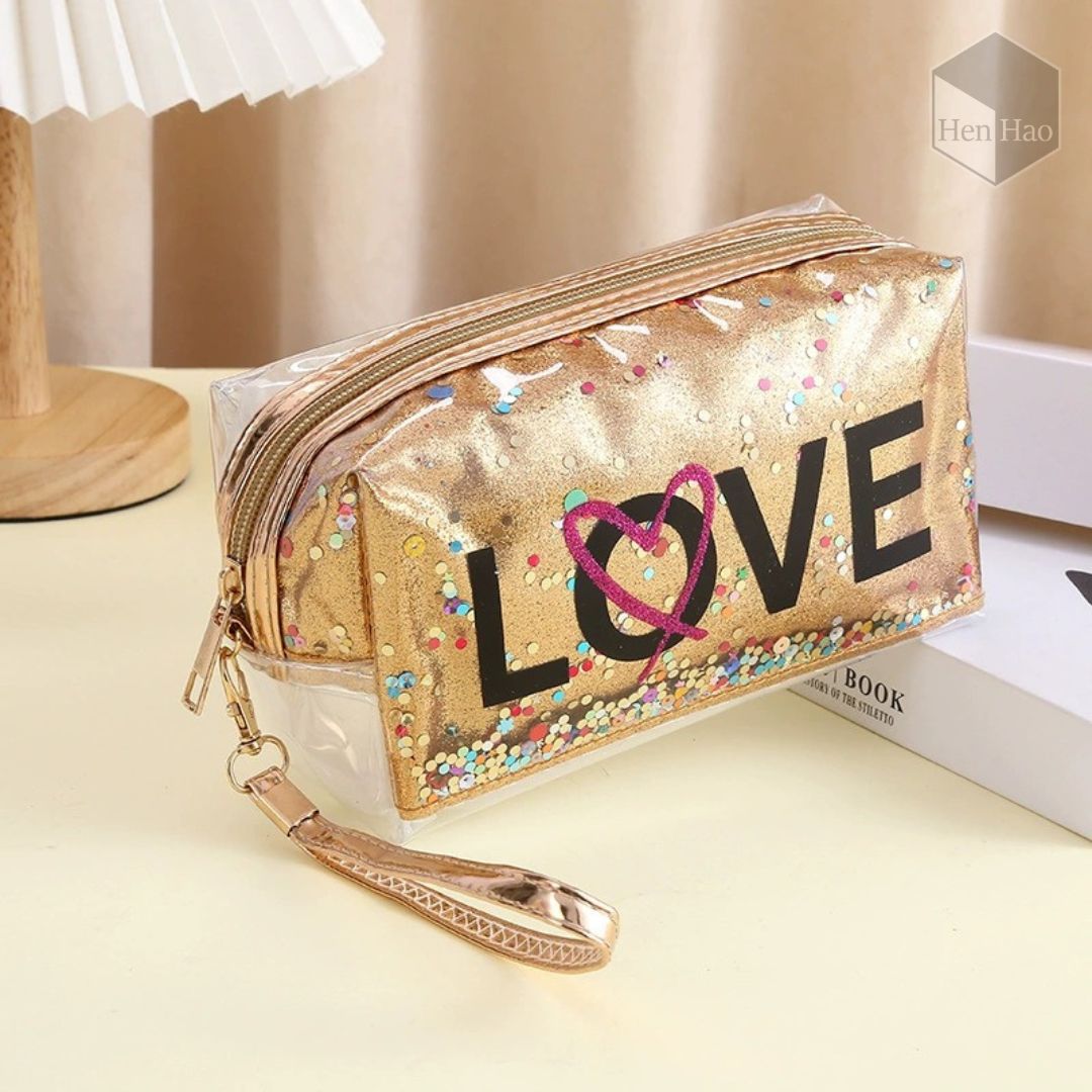 Neceser PVC transparente con glitter LOVE