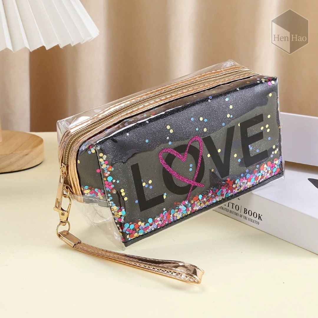 Neceser PVC transparente con glitter LOVE