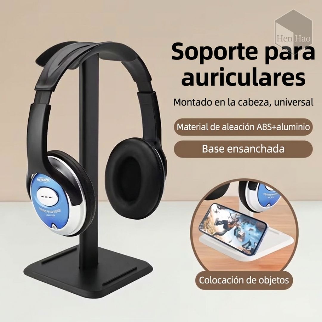 Soporte de auriculares de aluminio y ABS con base para celular
