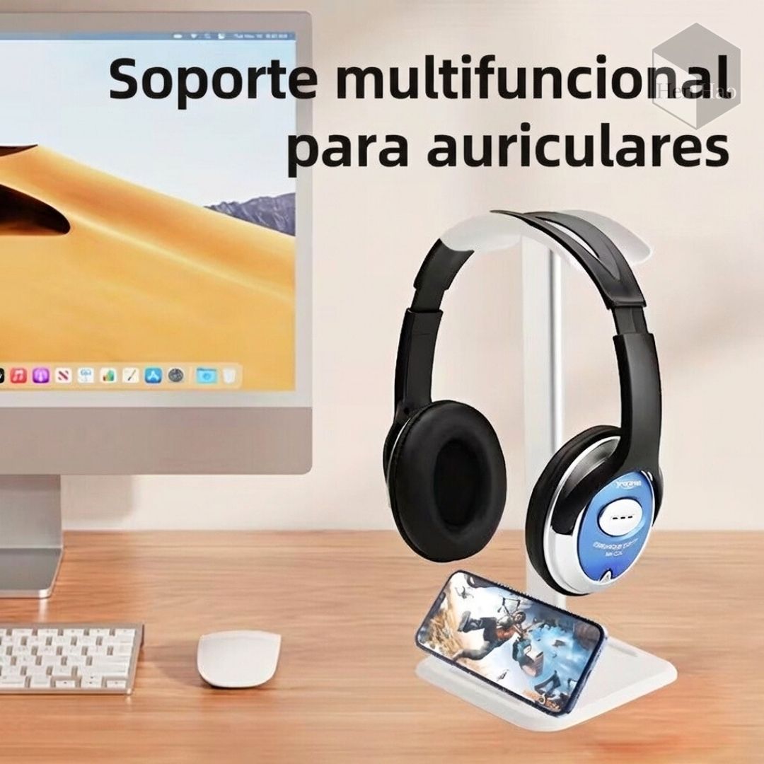 Soporte de auriculares de aluminio y ABS con base para celular