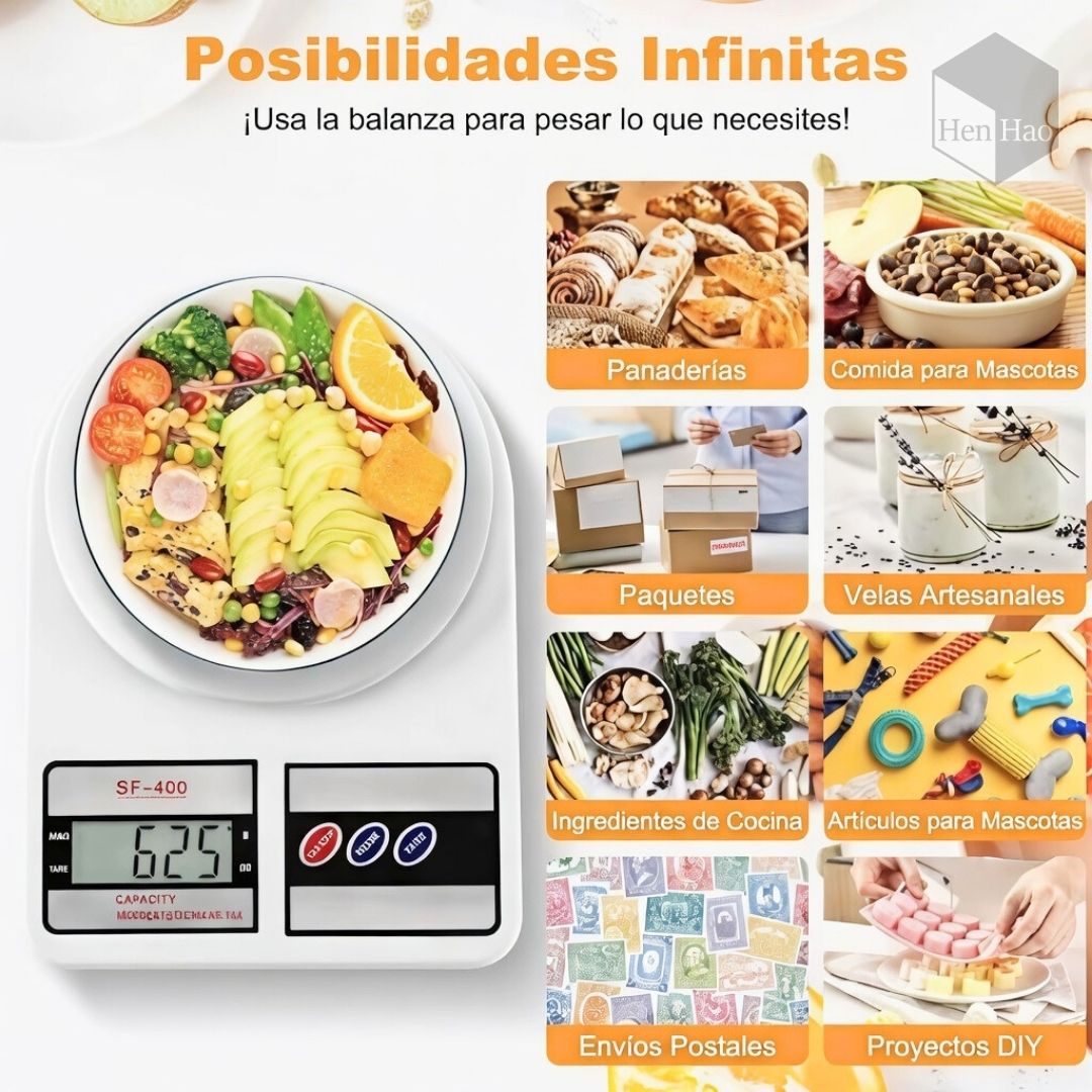 Balanza gramera digital de cocina hasta 10 kg con pantalla LCD