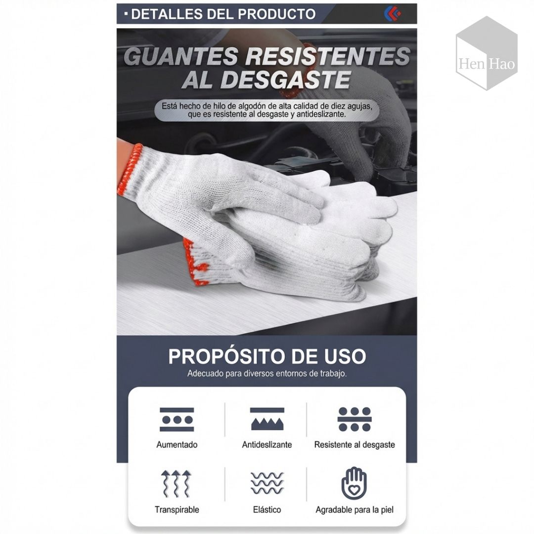 Set de 12 guantes de algodón industrial antideslizantes