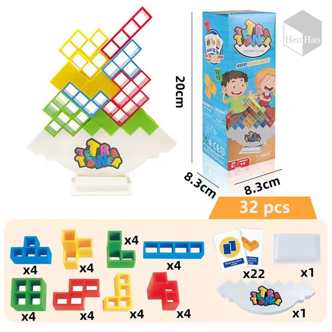 Juego de equilibrio y construcción con 32 bloques