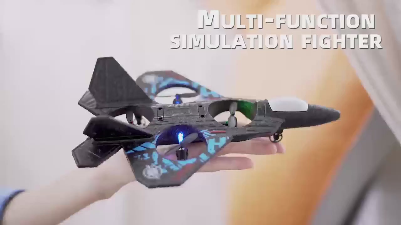 Jet volador a control remoto con 4 hélices, luces LED y giros 360°